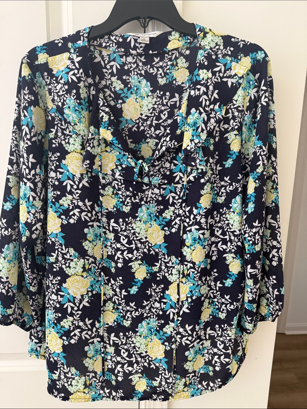 Counterparts  double tie ruffle Floral round Neck Blouse - Navy, Yellow & Teal